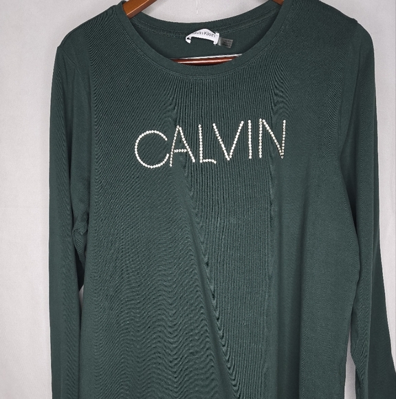 Calvin Klein T-shirt Hunter Green Long Sleeve Crystal Rhinestone Logo L/XL? - Picture 1 of 12